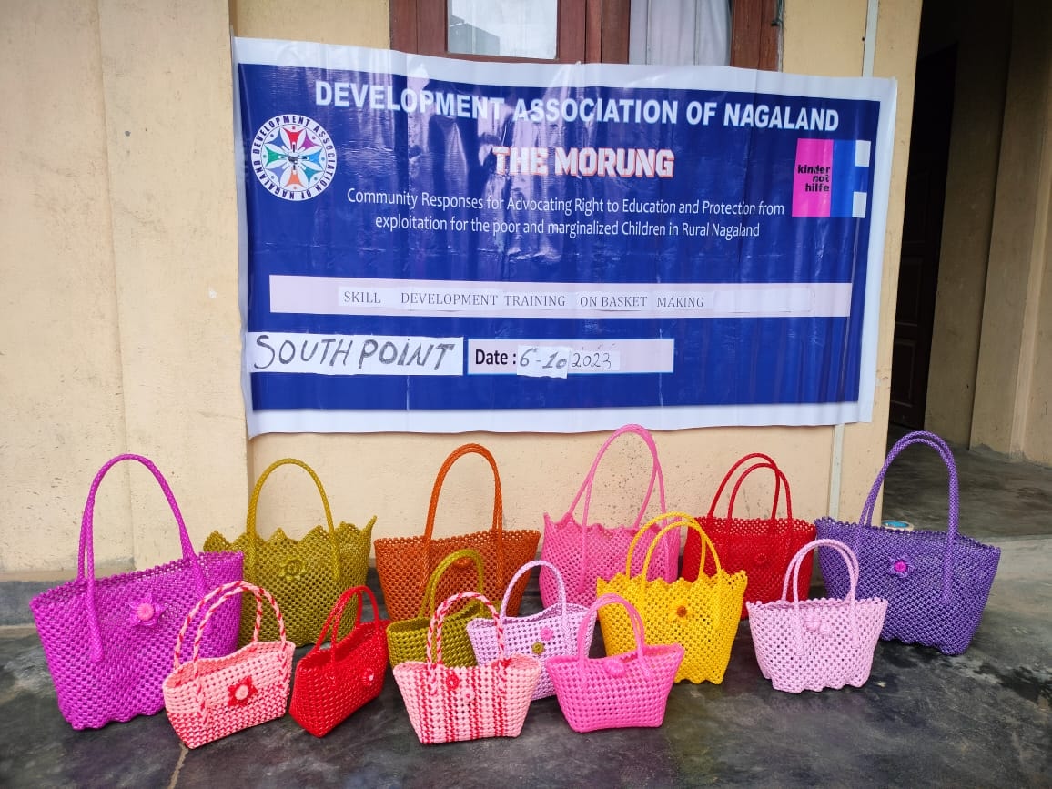 Colourful plastic baskets produced by trainees at South Point, Zunheboto district