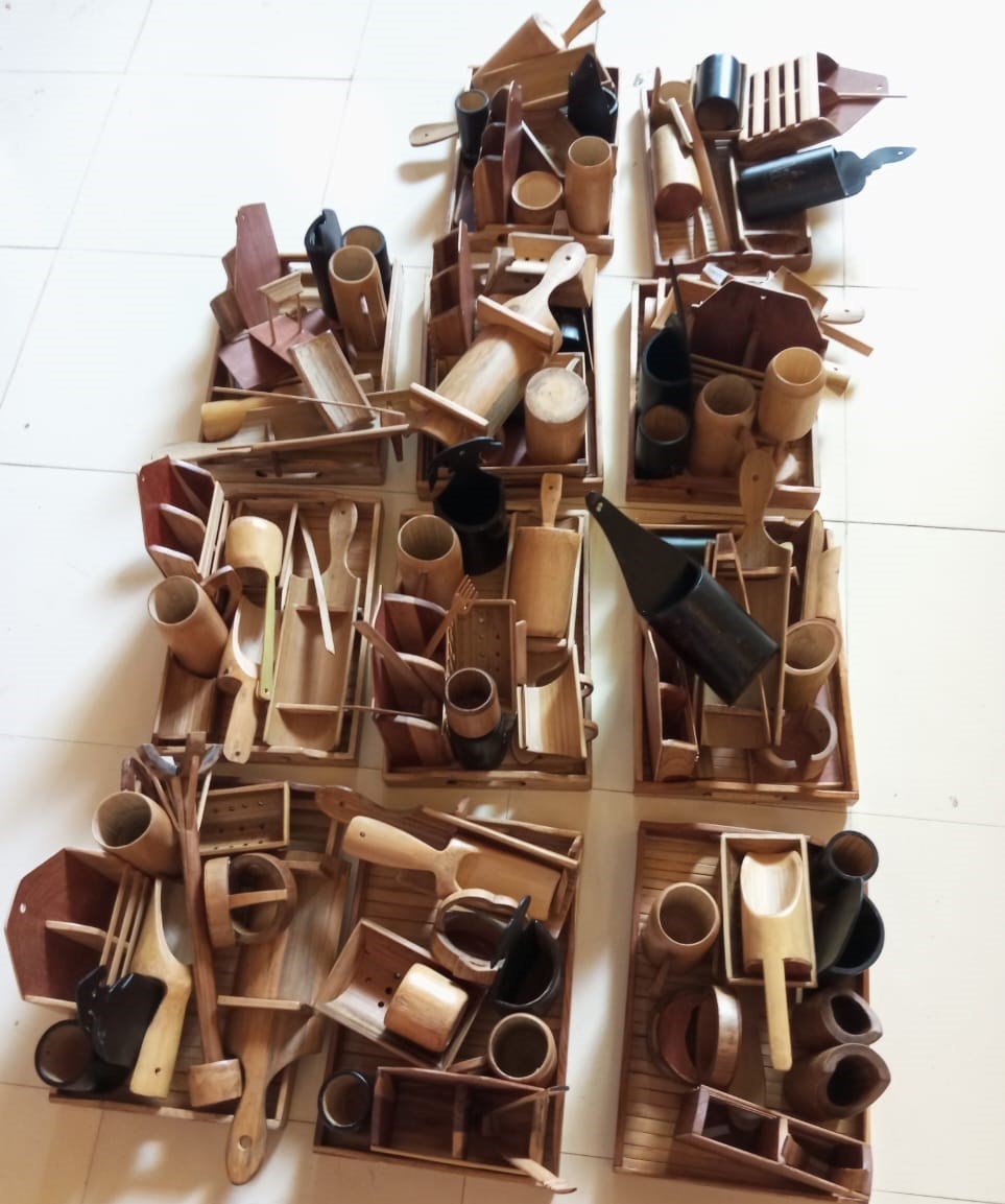 Finished bamboo craft products produced by trainees